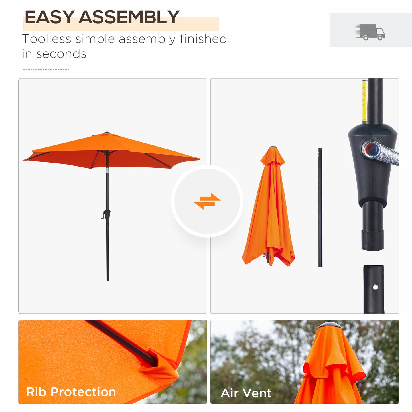 Outsunny 2.7M Patio Tilt Umbrella Sun Parasol Outdoor Garden Sun Shade Aluminium Frame with Crank（Orange）