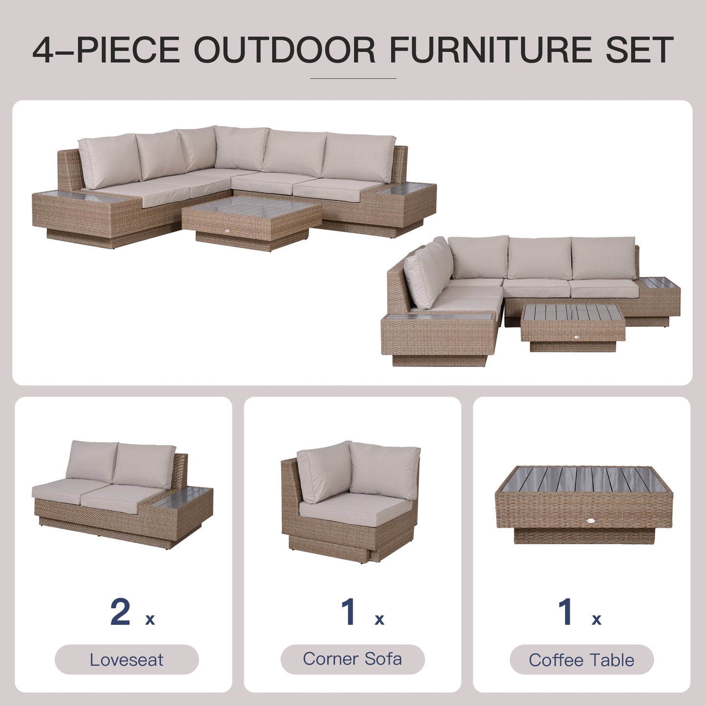 Outsunny 5-Seater Rattan Garden Furniture Outdoor Sectional Corner Sofa and Coffee Table Set  Conservatory Wicker Weave w/ Armrest Cushions, Beige