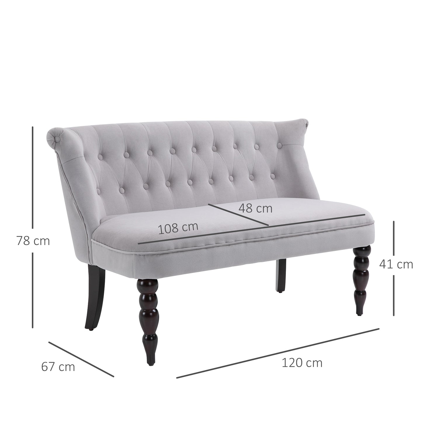 HOMCOM 2 Seat Sofa Lounger Couch with Wood Frame Button Tufts Carved Legs Vintage Design Compact Home Bedroom Loveseat, Grey