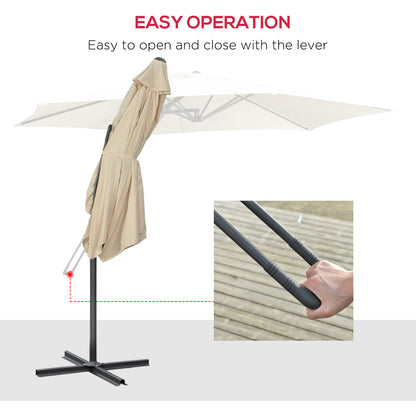 Outsunny 3m Cantilever Parasol with Easy Lever, Patio Umbrella with Crank Handle, Cross Base and 6 Metal Ribs, Outdoor Sun Shades，Garden, Cream White