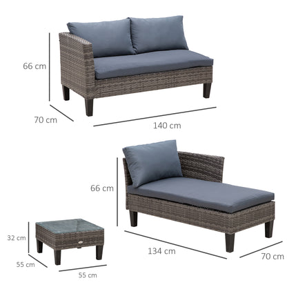 Outsunny 4-Seater Garden Sofa PE Rattan Set w/ 2 Seats Square Glass Top Coffee Table Thick Cushions Solid Legs Metal Frame Patio L Corner Shape, Grey