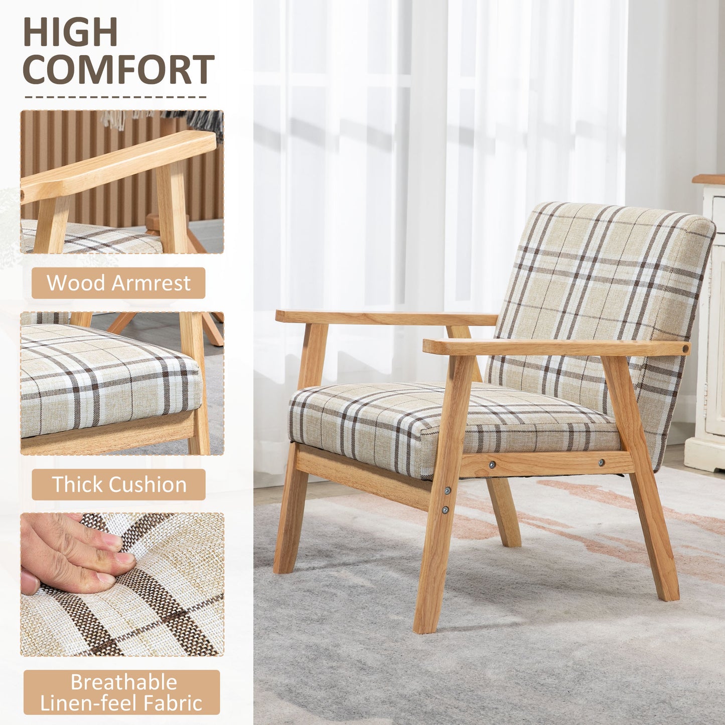 HOMCOM Modern Accent Chairs with Cushioned Seat, Upholstered Linen-Feel Armchair for Bedroom, Living Room Chair with Arms and Wood Legs, Beige