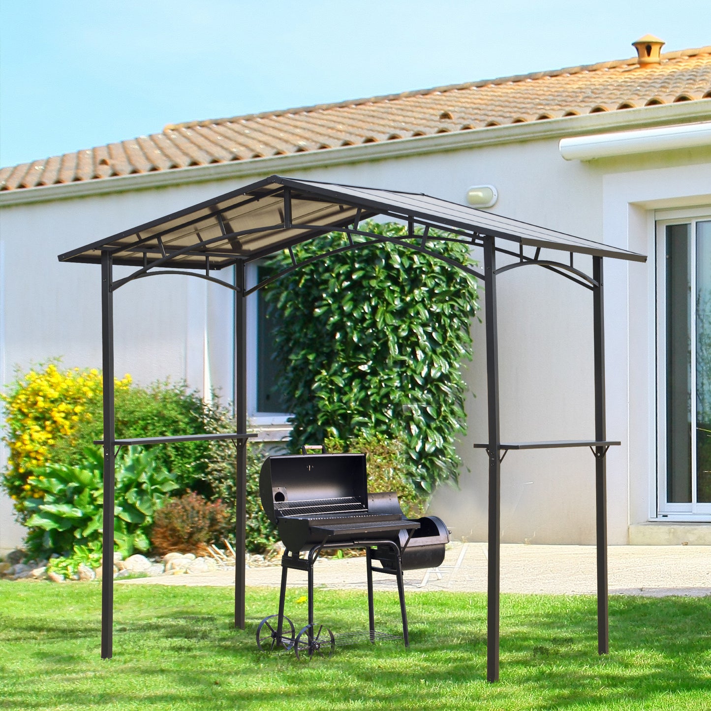 Outsunny 8ft x 5ft Outdoor BBQ Protective Gazebo Tent Aluminium Steel Frame w/ 2 Shelves Hardtop Roof Canopy Ground Stakes Safe Cooking