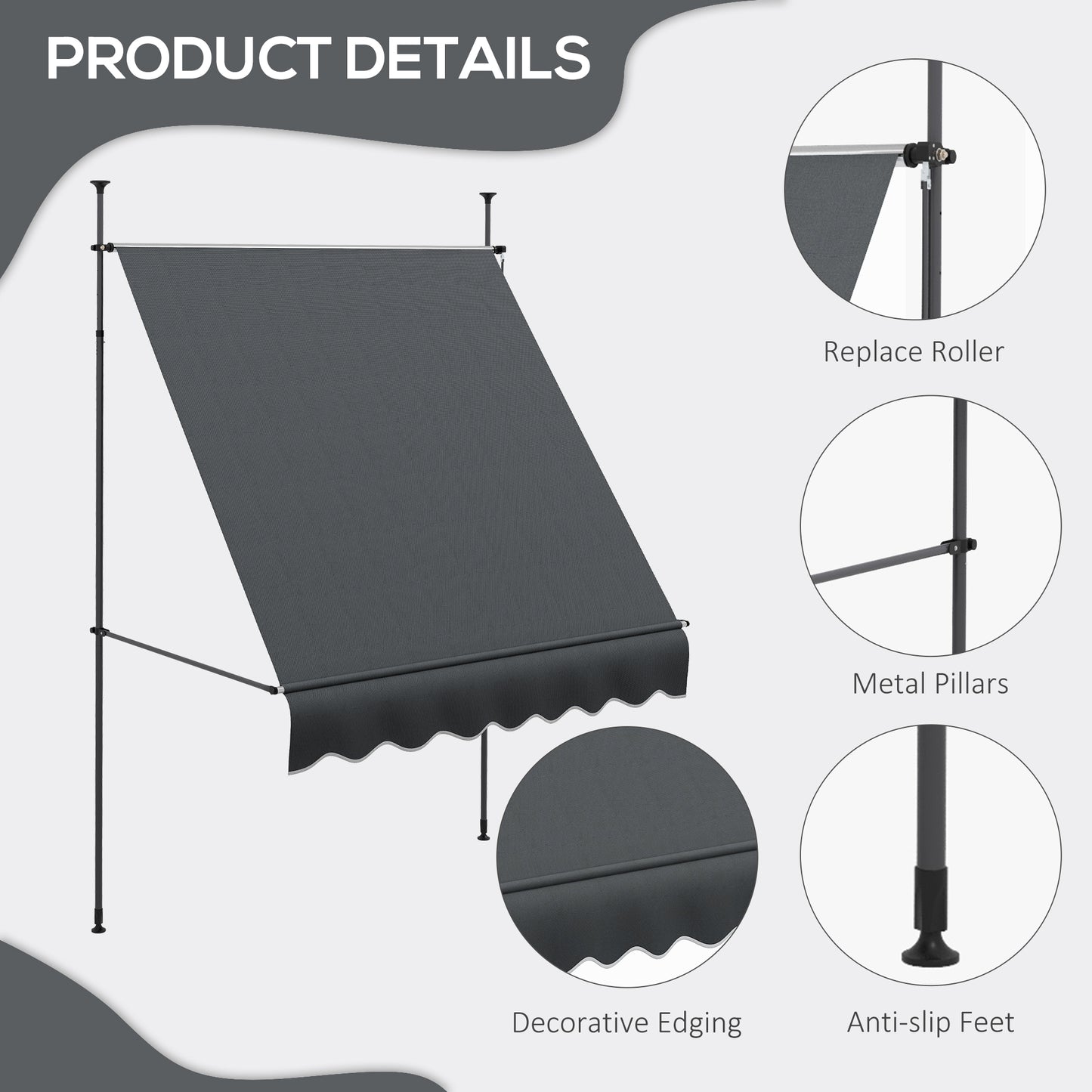 Outsunny 2 x 1.2m Retractable Awning, Free Standing Patio Sun Shade Shelter, UV Resistant, for Window and Door, Dark Grey