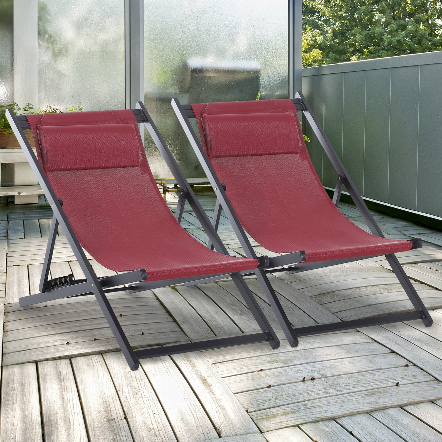 Outsunny Garden Deck Chairs, Set of 2, Folding, Portable for Beach/Patio, Durable, Red