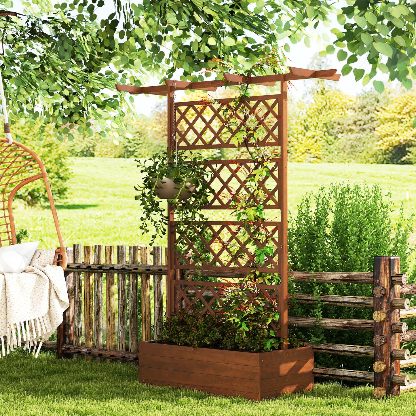 Outsunny Wooden Trellis Planter Box, Raised Garden Bed to Grow Vegetables, Herbs and Flowers, Orange