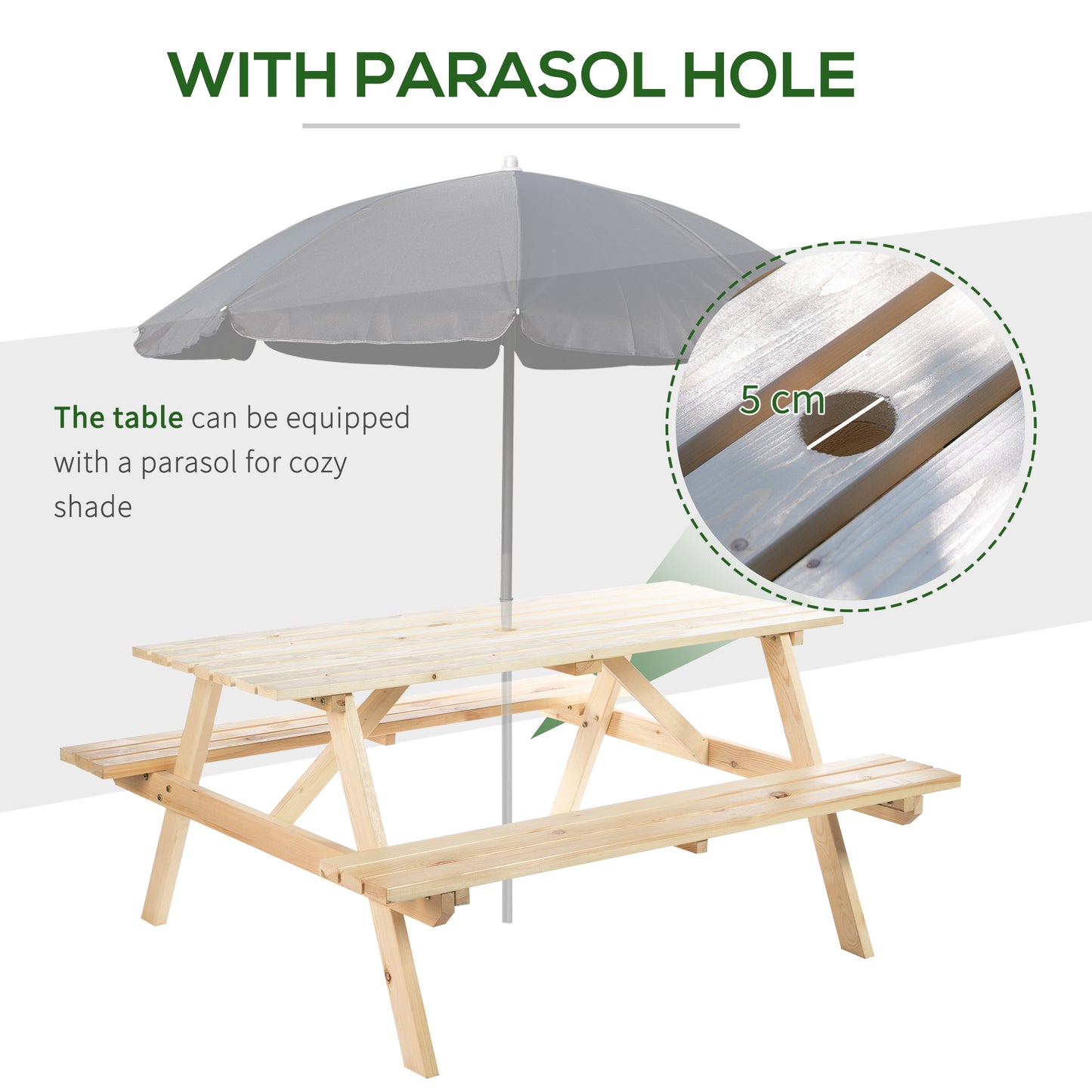 Outsunny 4-Seater Wooden Picnic Table, Outdoor Garden Bench with Parasol Cutout, 150cm, Durable