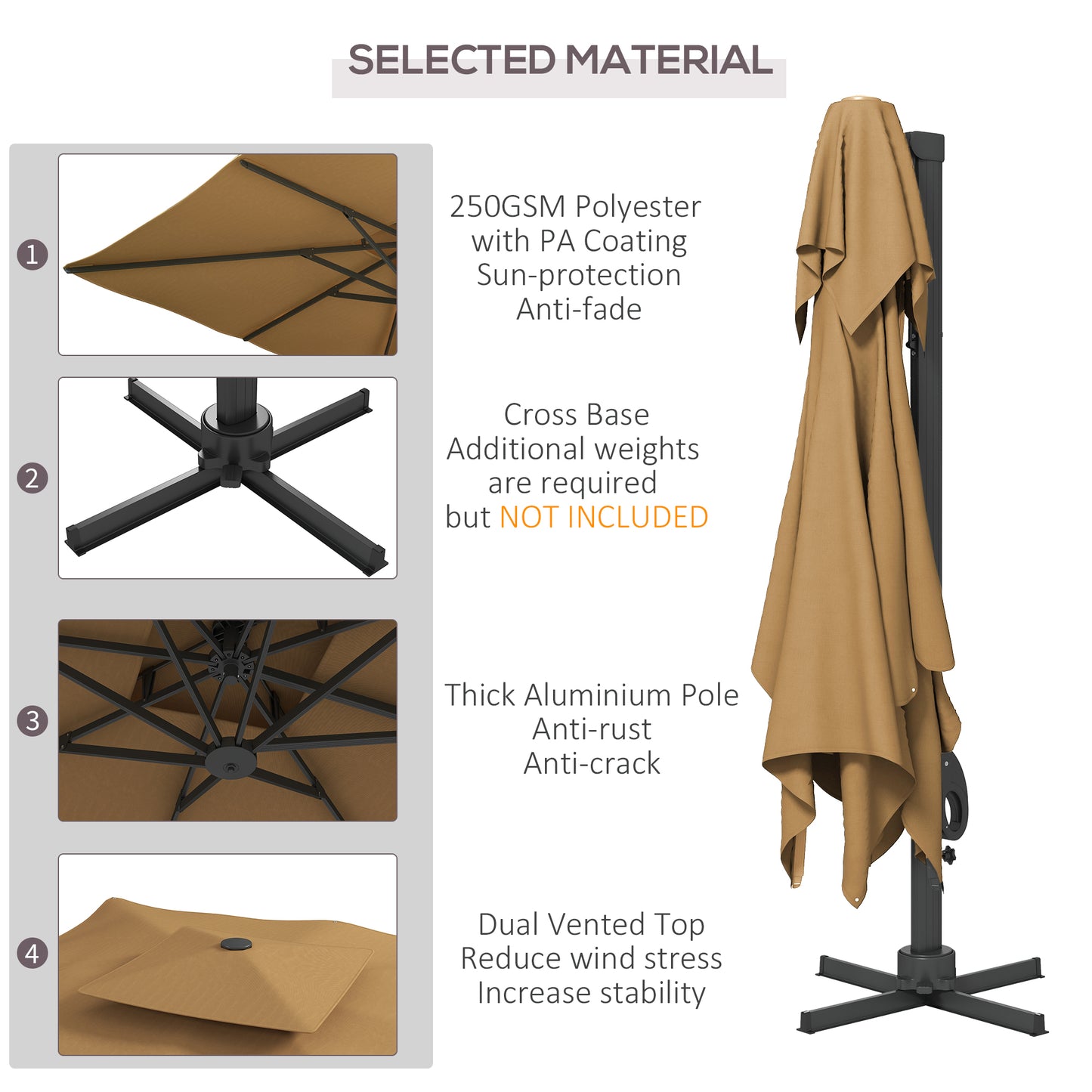 Outsunny Garden Parasol, 3(m) Cantilever Parasol with Hydraulic Mechanism, Dual Vented Top, 8 Ribs, Cross Base, Khaki