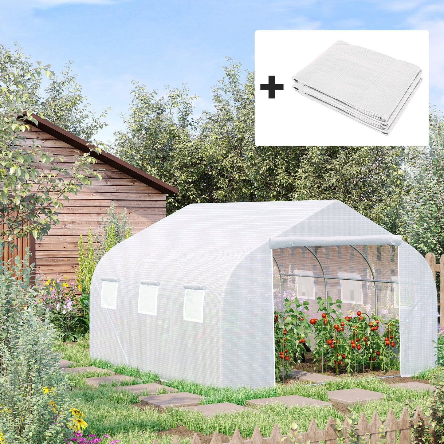Outsunny Walk-In Tunnel Greenhouse with Replacement Cover, Outdoor Growhouse with PE Cover, Roll Up Door and 6 Windows, 4.5 x 3 x 2 m, White