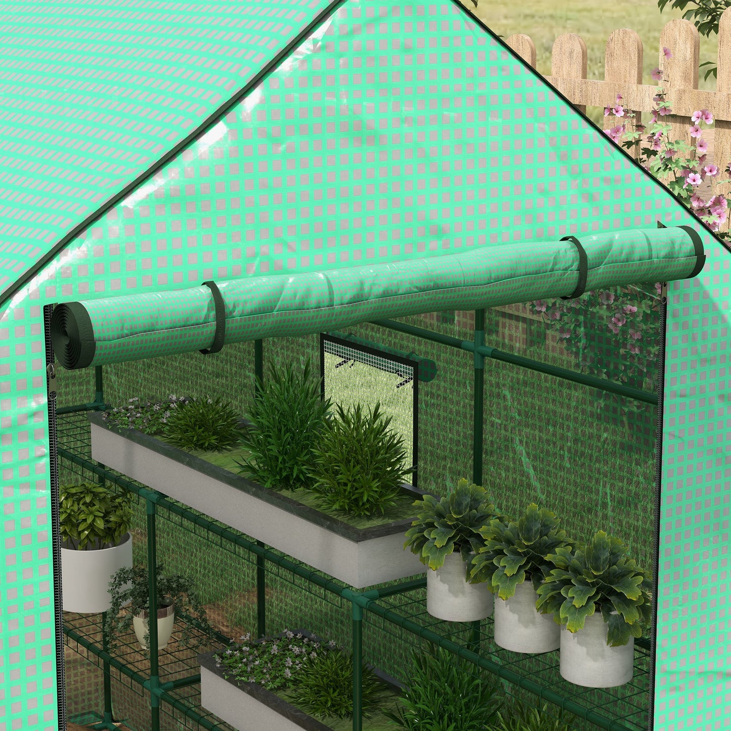 Outsunny Greenhouse Oasis: Walk-In PE Cover with 3 Tier Shelves, Roll-Up Door & Mesh Windows, 140x213x190cm, Verdant Green