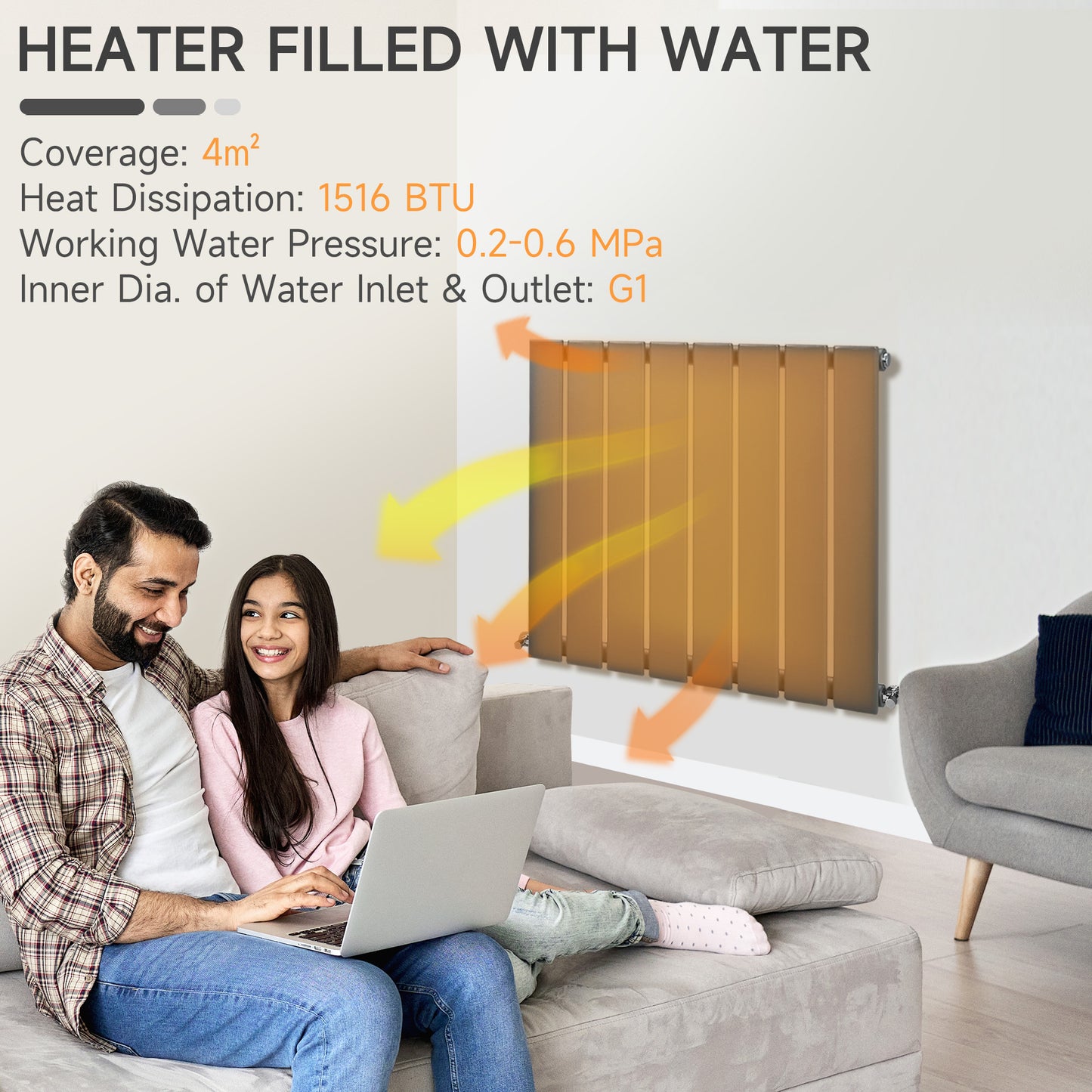 HOMCOM 60 x 60cm Space Heater, Water-filled Heater for Home, Single-layer Horizontal Designer Radiators, Quick Warm up Living room, Study Garage Grey