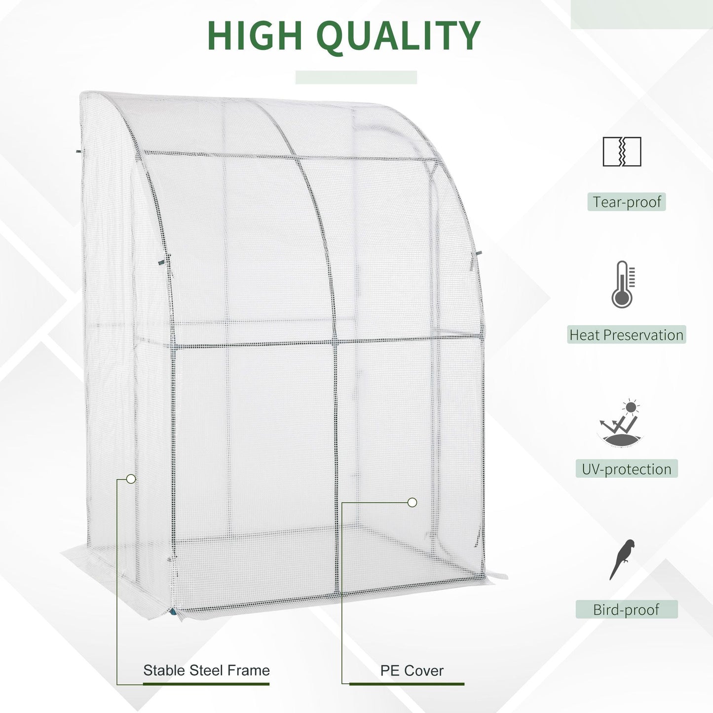Outsunny Lean-To Greenhouse: Walk-In PE Cover with Zippered Door, 143Lx118Wx212H cm, White Outdoor Growing Space