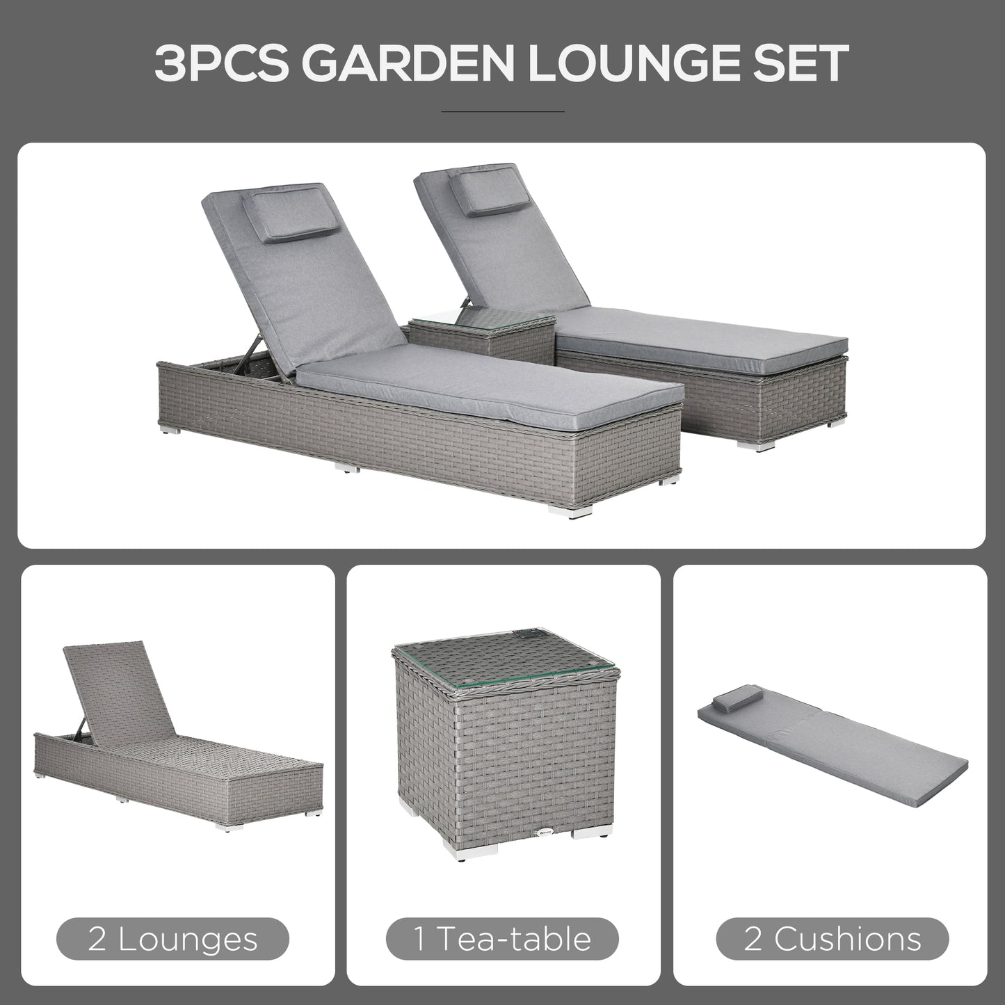 Outsunny 3 Piece Rattan Sun Lounger Set, Garden Furniture with Side Table, 5-Position Adjustable Recline Chair, Grey