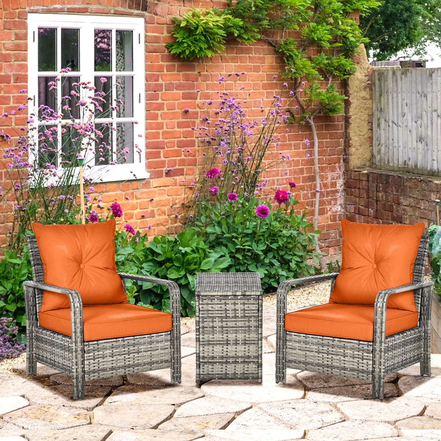 Outsunny 3 pcs PE Rattan Wicker Garden Furniture Patio Bistro Set Weave Conservatory Sofa Storage Table and Chairs Set Orange Cushion, Mixed Grey