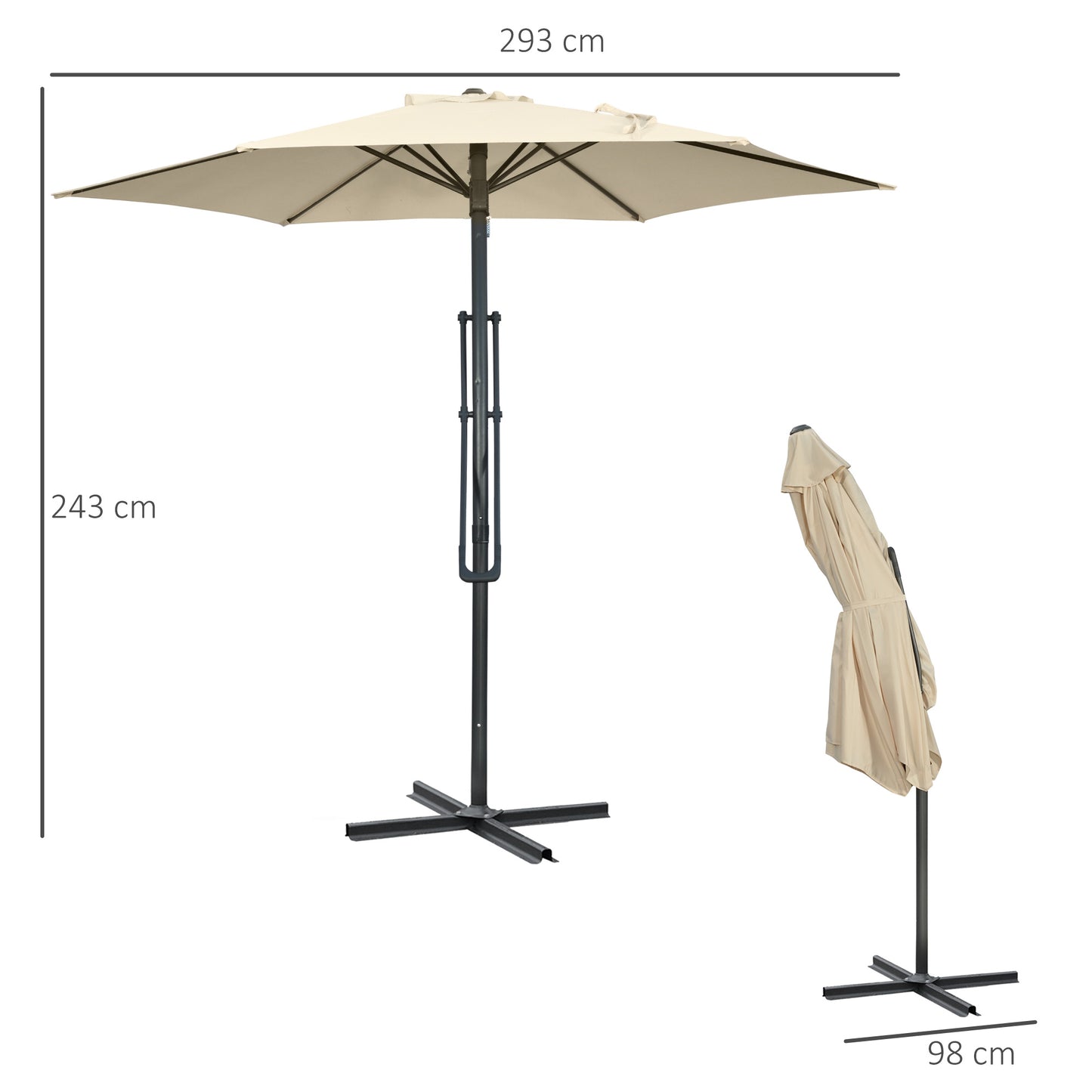 Outsunny 3m Cantilever Parasol with Easy Lever, Patio Umbrella with Crank Handle, Cross Base and 6 Metal Ribs, Outdoor Sun Shades，Garden, Cream White