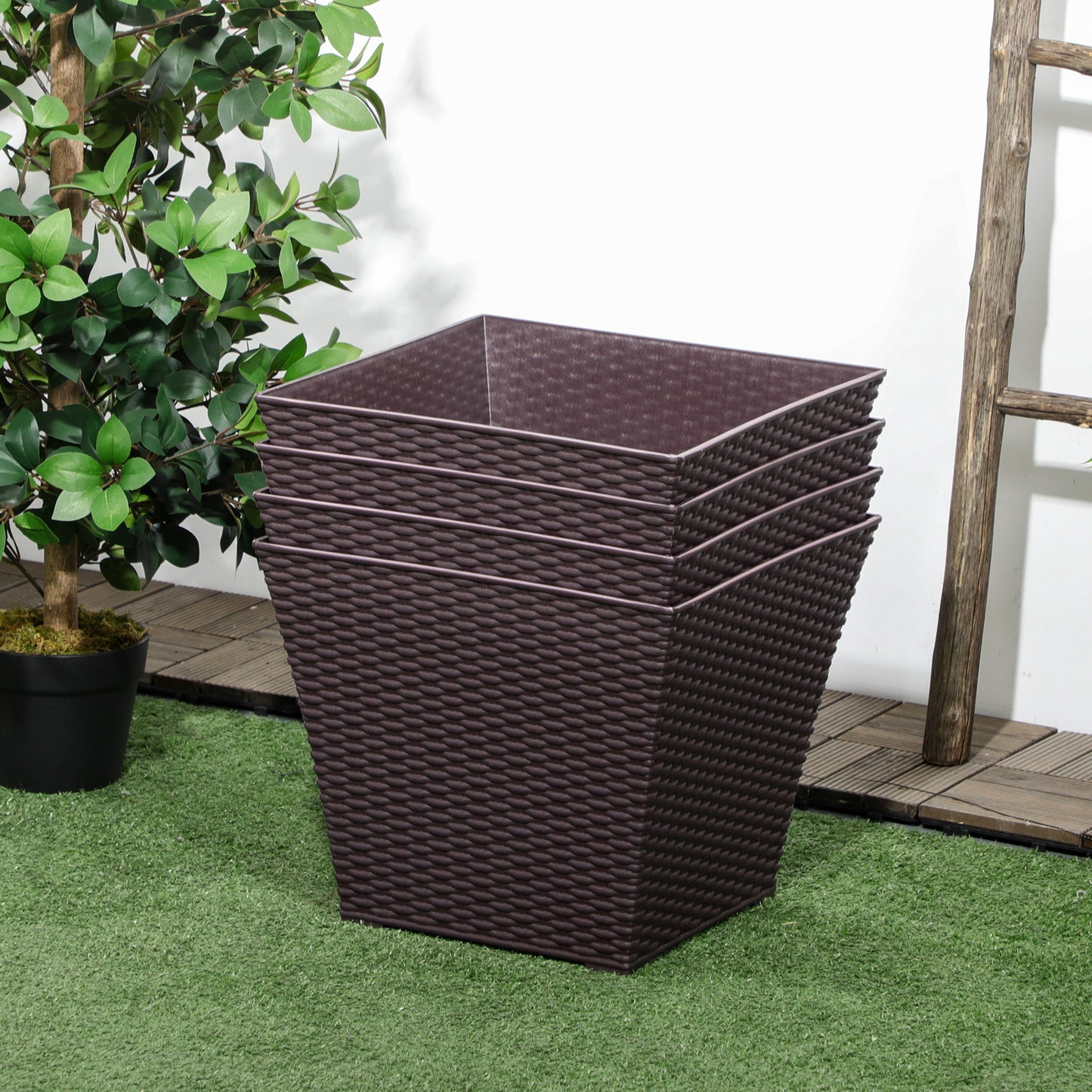 Outsunny Outdoor Planter Pack of 4, Rattan Effect Plant Pots Indoor Stackable Design, for Garden Patio Porch Deck, Brown