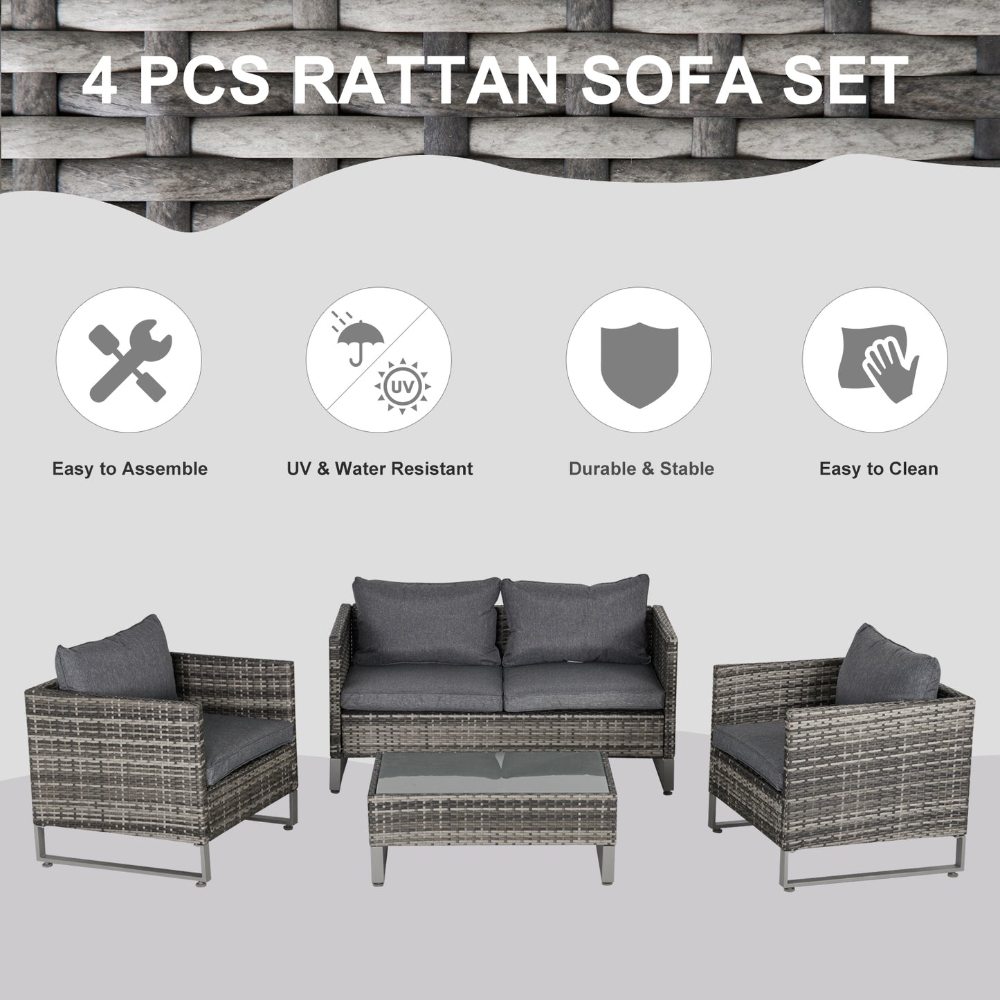 Outsunny 4-Seater PE Rattan Garden Furniture Wicker Dining Set w/ Glass Top Table, Cushions, Deep Grey