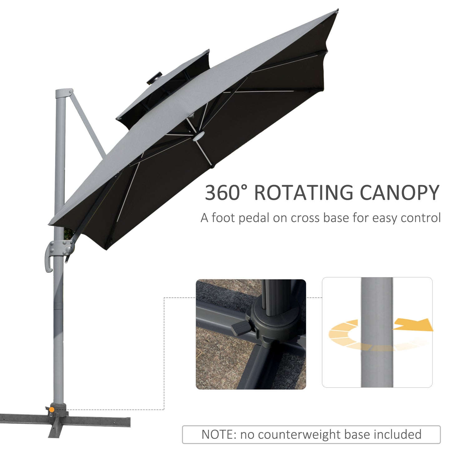 Outsunny 3m Cantilever Parasol, Outdoor Offset Patio Umbrella, Solar LED Lighted Hanging Sun Shade Canopy w/ Tilt and Crank Handle, Cross Base, Grey