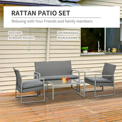 Outsunny 4 PCs PE Rattan Wicker Sofa Set Outdoor Conservatory Furniture Lawn Patio Coffee Table w/ Cushion, Grey