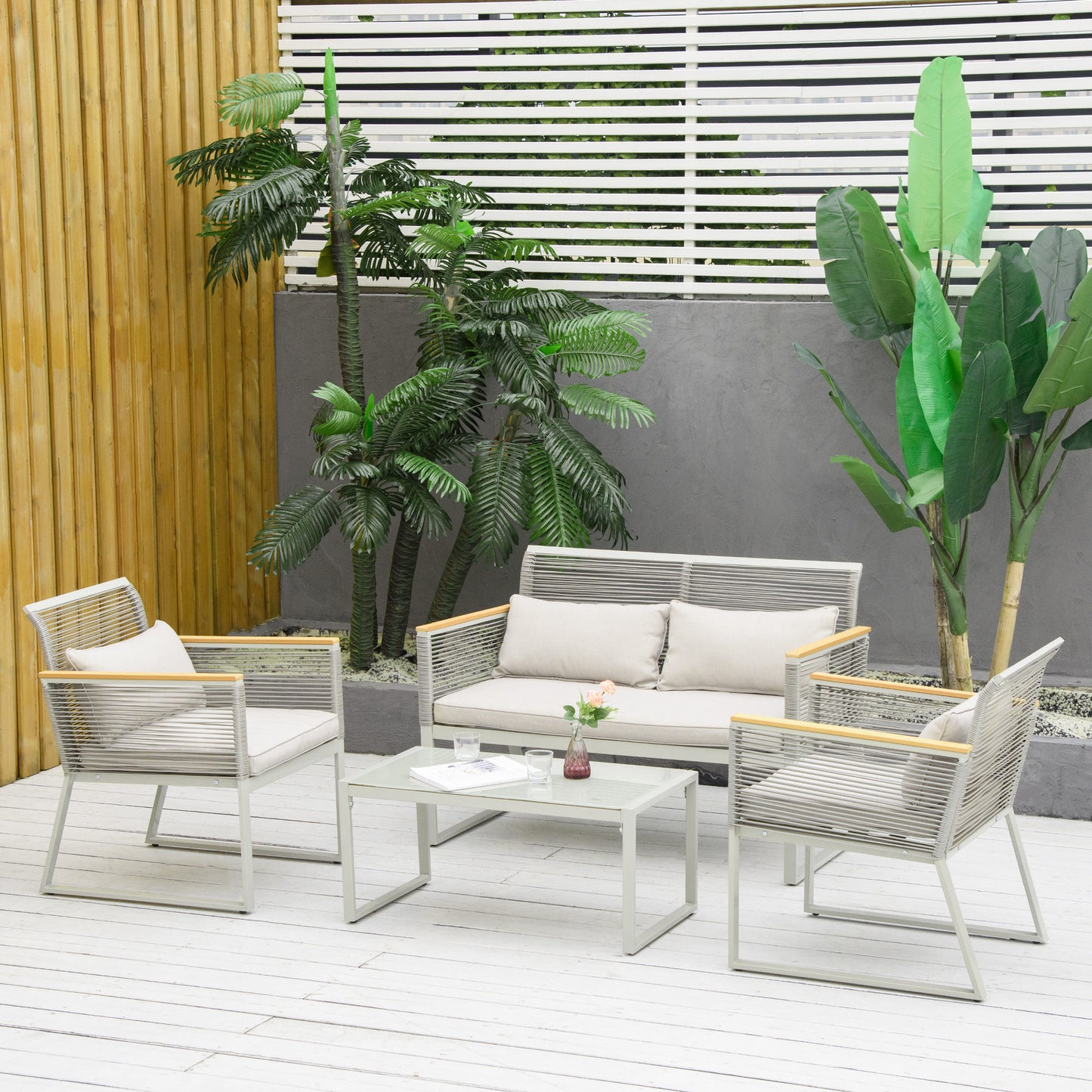 Outsunny 4-Seater Patio Wicker Sofa Set, Outdoor Metal Frame Wrapped Round PE Rattan Conservatory Furniture w/ Cushions, Tempered Glass Table, Grey