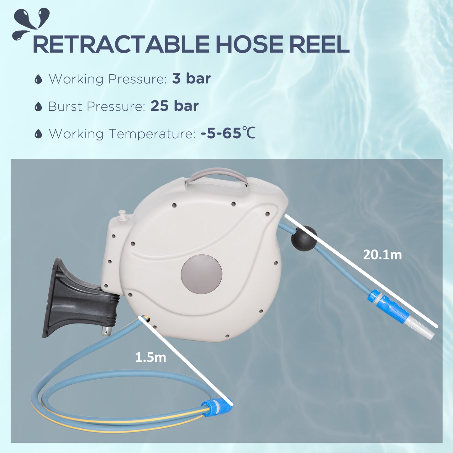 Outsunny Retractable Hose Reel w/ Any Length Lock, Auto Rewind Slow Return System, and 180° Swivel Wall Mounted Bracket, 20m+1.5m