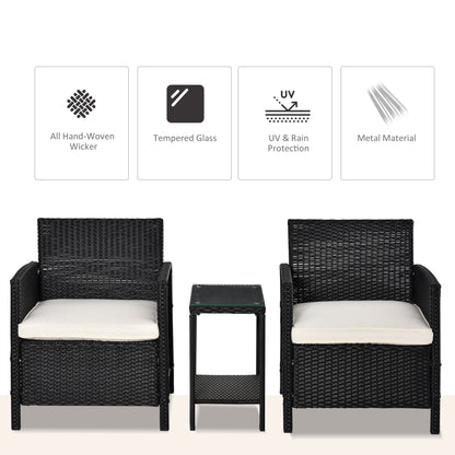 Outsunny Rattan Garden Furniture Outdoor 3 Pieces Patio Bistro Set Jack and Jill Seat Wicker Weave Conservatory Sofa Chair Table Set w/Cushion Black