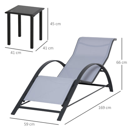 Outsunny 3 Pieces Lounge Chair Set Garden Outdoor Recliner Sunbathing Chair with Table, Light Grey