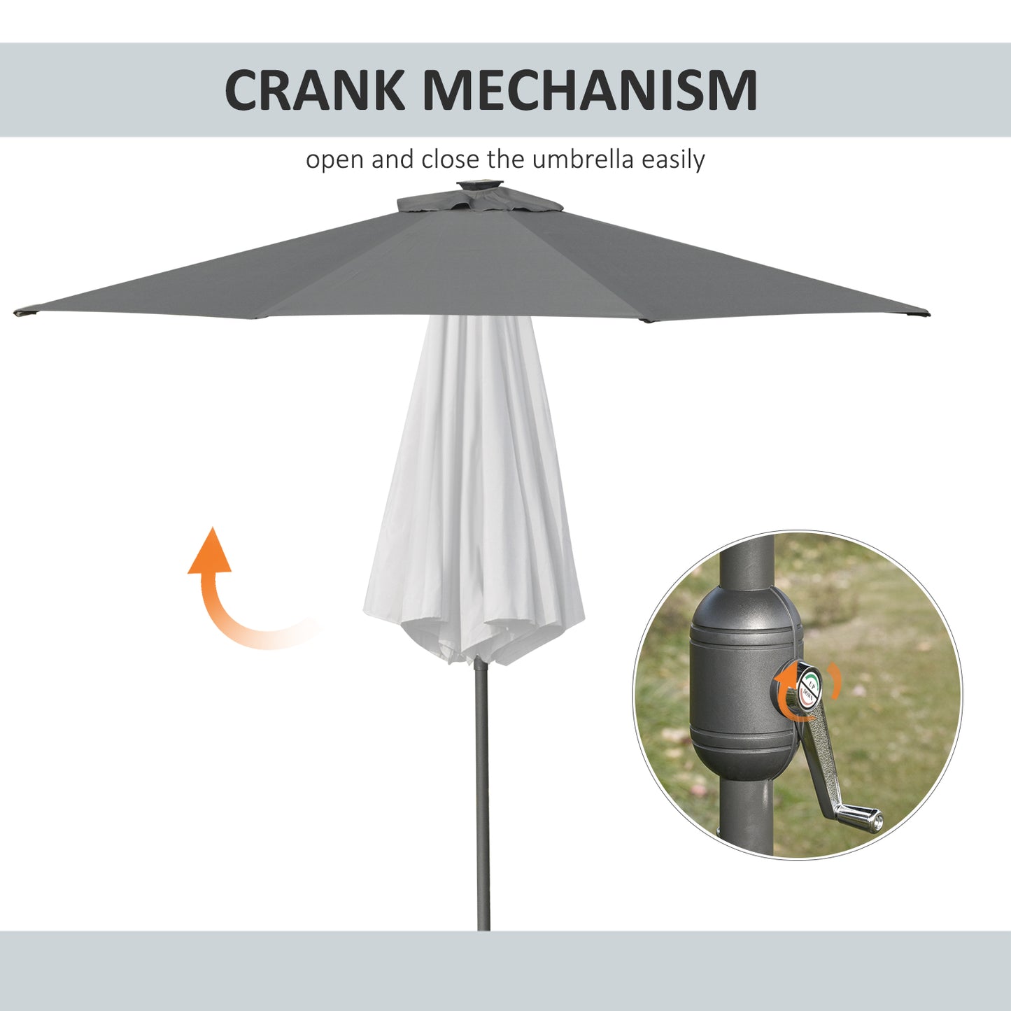 Outsunny Patio Parasol with LED Lights, 2.7m Garden Umbrella in Grey, Push Button Tilt/Crank, 8 Rib Sun Shade for Outdoor Tables