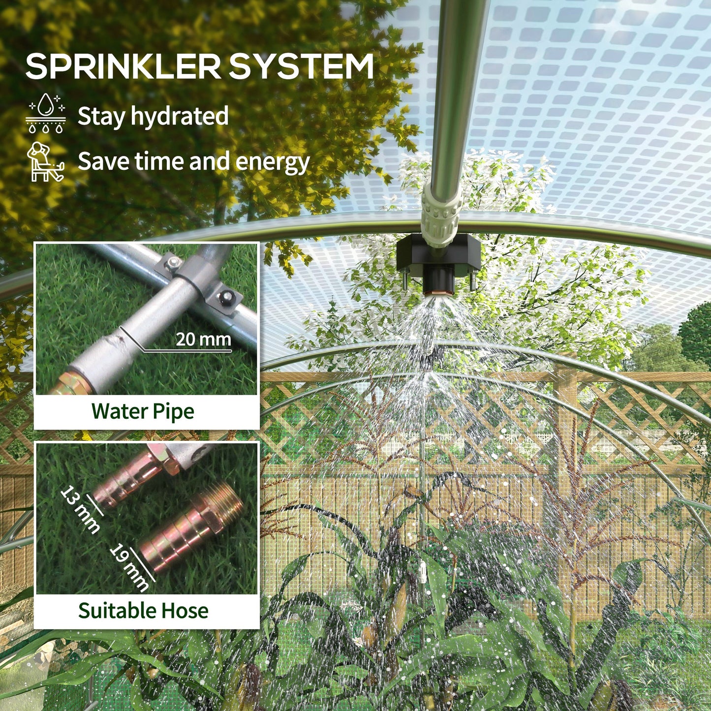 Outsunny Greenhouse, Polytunnel with Sprinkler System, 3 x 2m, Sturdy Frame, Green