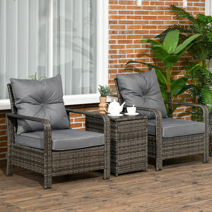 Outsunny 3 pcs PE Rattan Wicker Garden Furniture Patio Bistro Set Weave Conservatory Sofa Storage Table and Chairs Set Grey Cushion & Wicker
