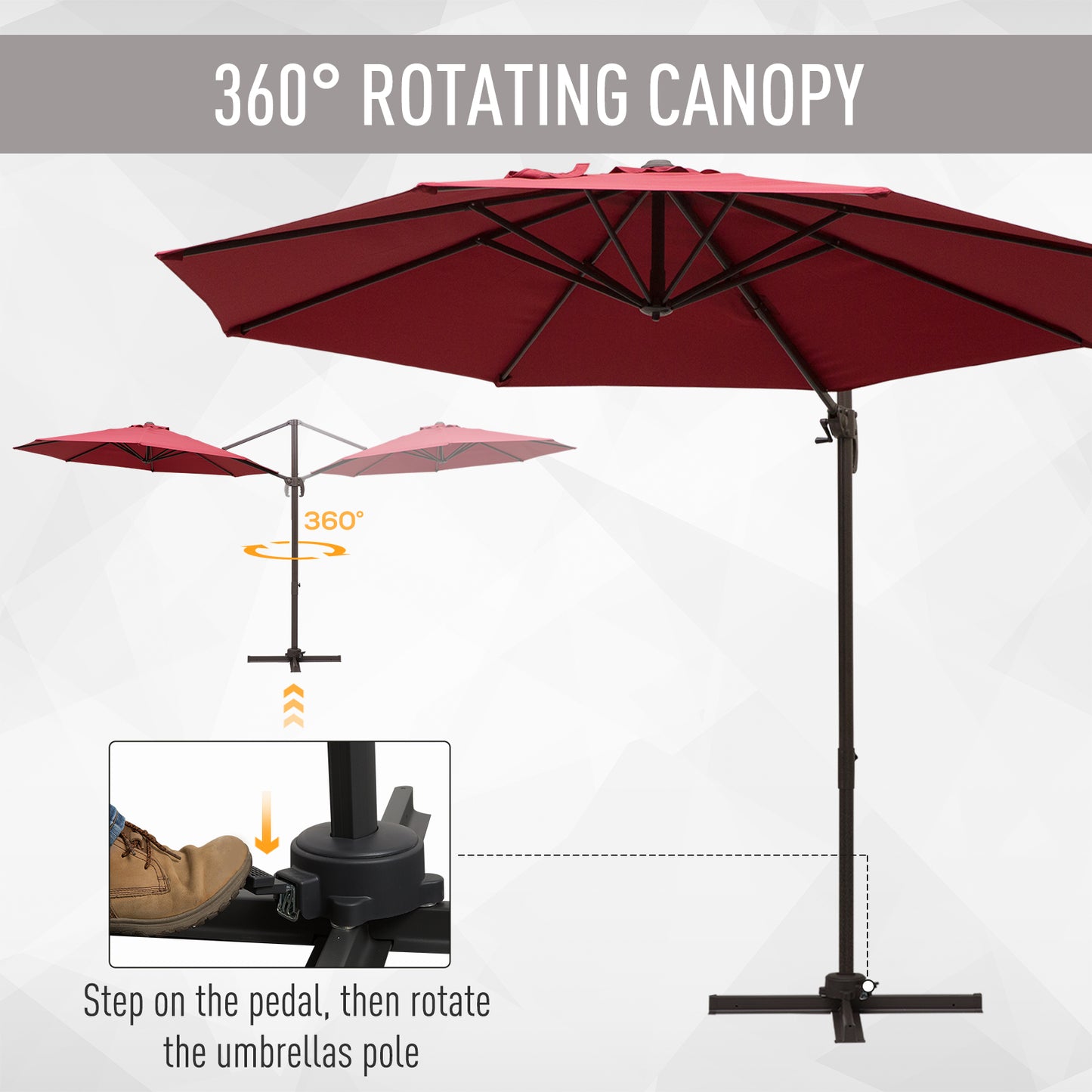 Outsunny 3m Cantilever Aluminium Frame 360 Rotation Hanging Parasol w/ Cross Base Wine Red