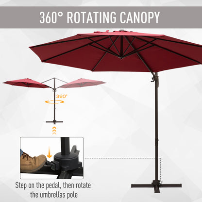 Outsunny 3m Cantilever Aluminium Frame 360 Rotation Hanging Parasol w/ Cross Base Wine Red