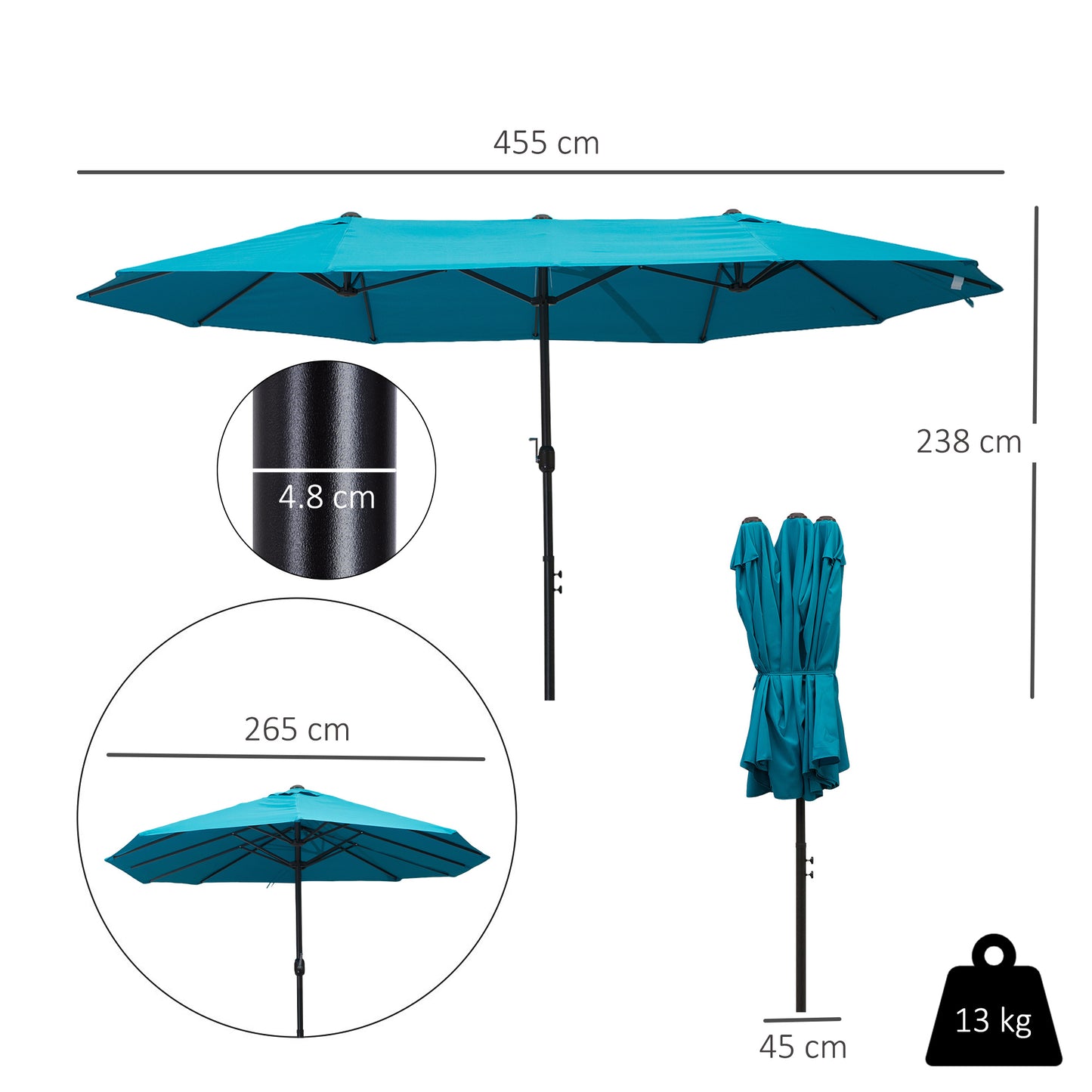 Outsunny 4.6m Double-Sided Patio Parasol Sun Umbrella-Blue