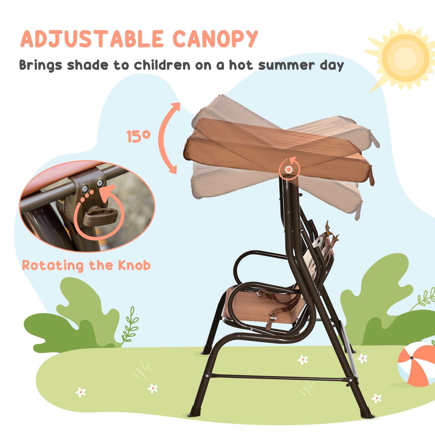 Outsunny 2-Seat Kids Canopy Swing, Children Outdoor Patio Lounge Chair, for Garden Porch, with Adjustable Awning, Seat Belt, Monkey Pattern, Coffee