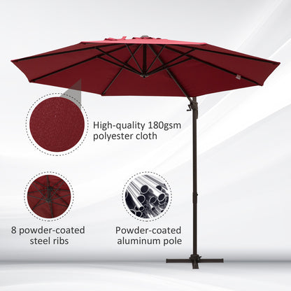 Outsunny 3m Cantilever Aluminium Frame 360 Rotation Hanging Parasol w/ Cross Base Wine Red