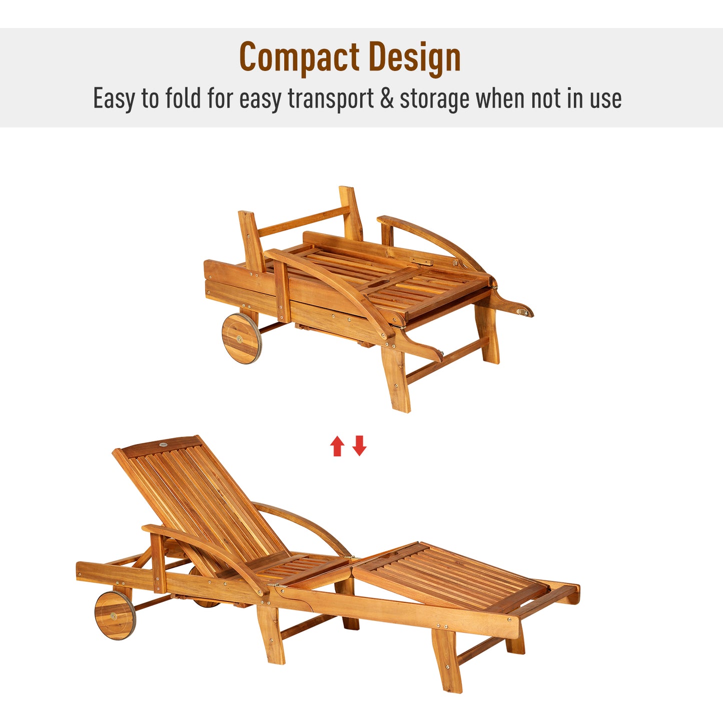Outsunny Outdoor Garden Patio Wooden Sun Lounger Foldable Recliner Deck Chair Day Bed Furniture with Wheels