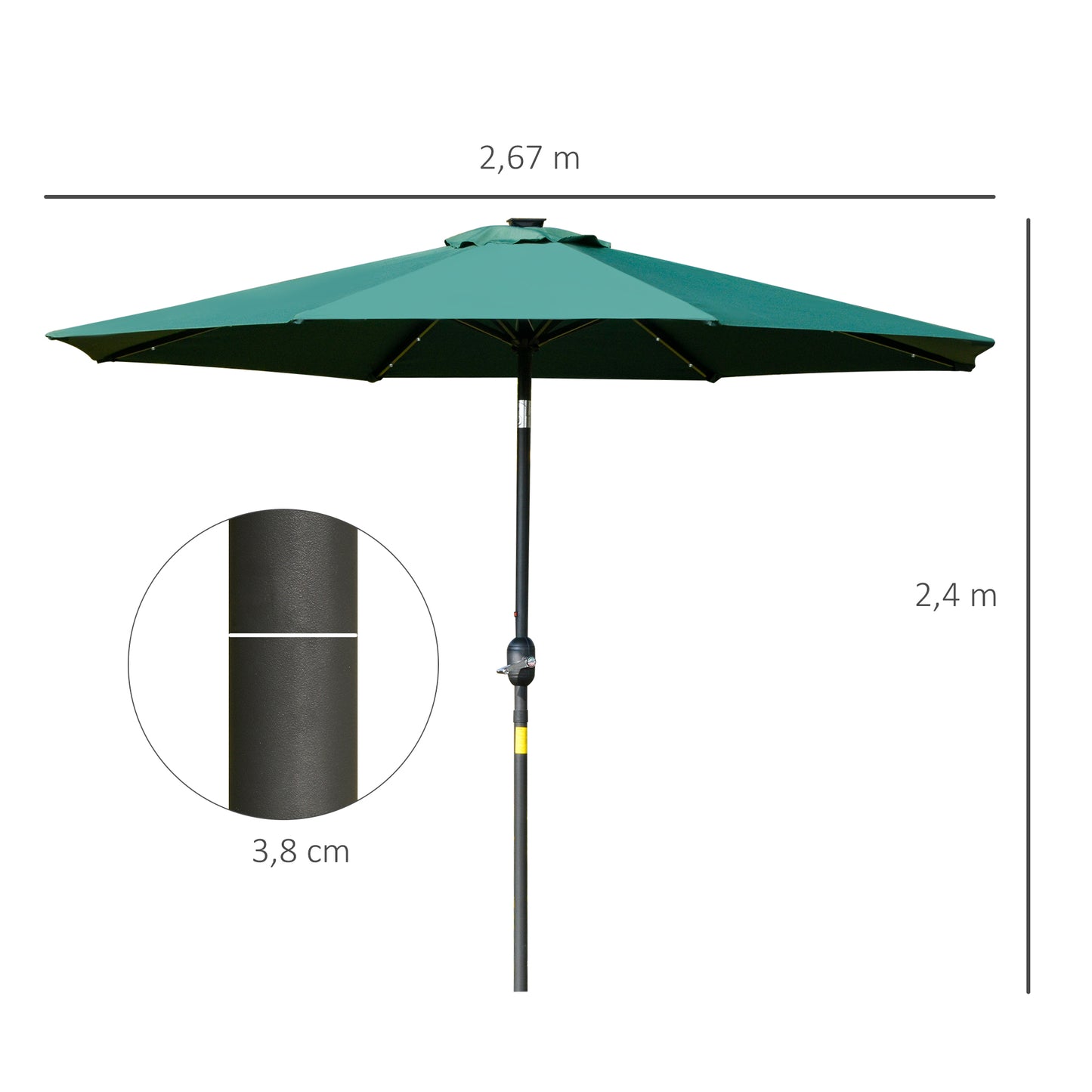 Outsunny LED Patio Parasol: 2.7m Tilting Umbrella with Crank & 8 Ribs, Green