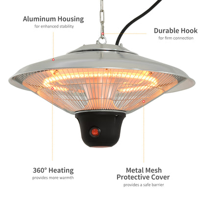 Outsunny 1500W Patio Heater Outdoor Ceiling Mounted Aluminium Halogen Electric Hanging Heating Light with Remote Control and 3 Heat Settings, Silver