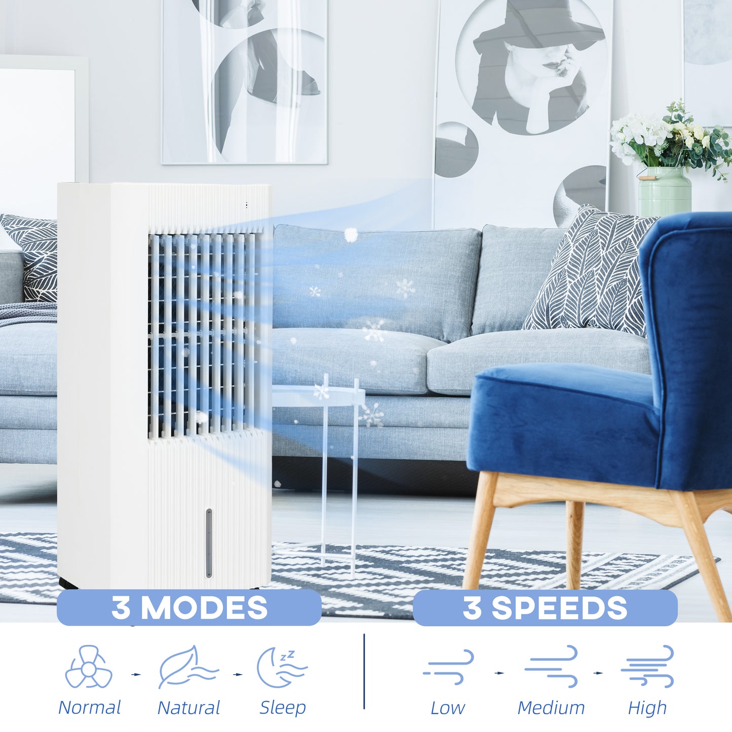 HOMCOM 68cm Portable Evaporative Air Cooler, 3-In-1 Ice Cooling Fan Cooler, Water Conditioner Humidifier Unit with Remote, 15H Timer, Oscillating, LED Display, 5L Water Tank for Home, White