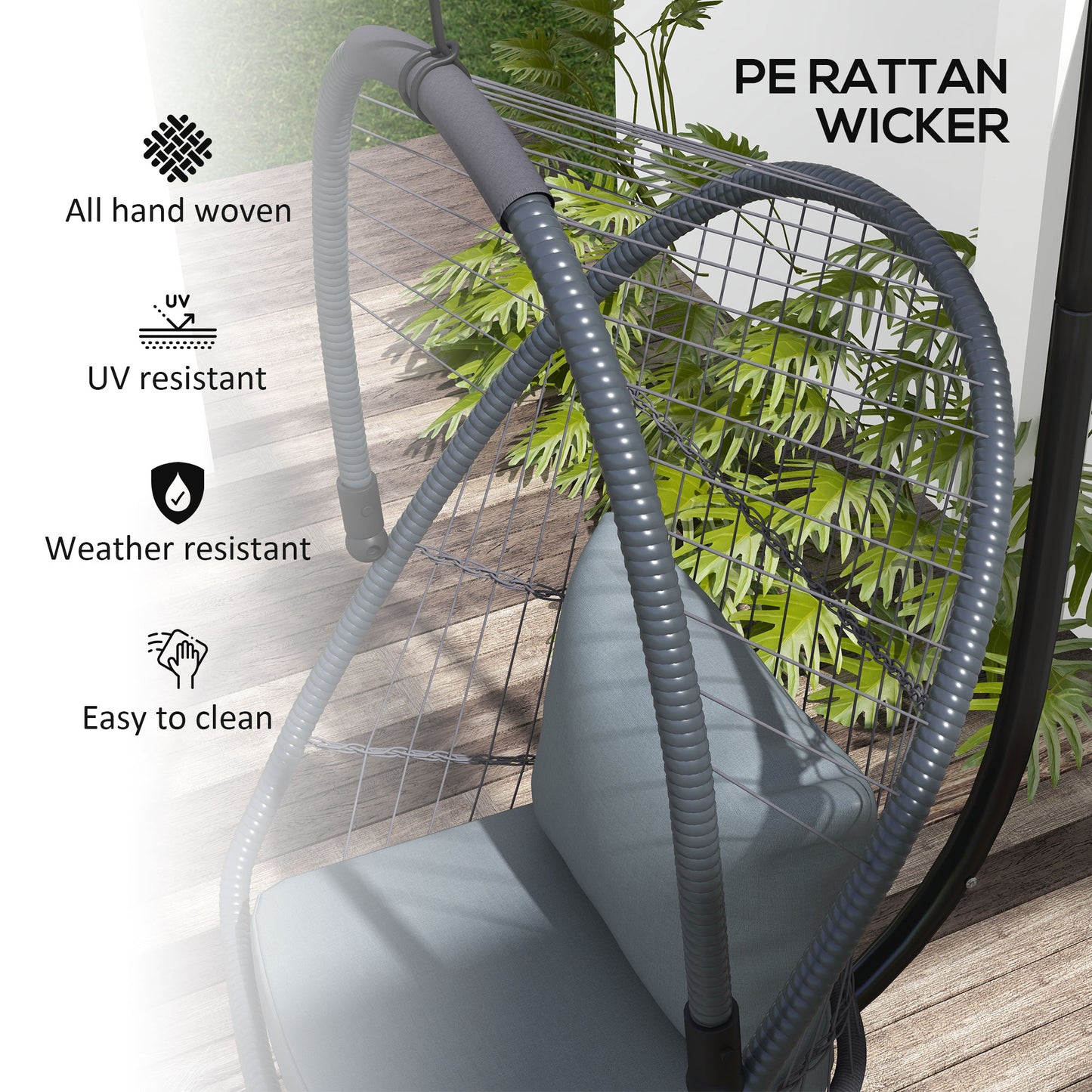 Outsunny Outdoor PE Rattan Swing Chair with Cushion, Foldable Basket Patio Hanging Chair w/ Metal Stand, Rotation Spring Hook, Basket Height