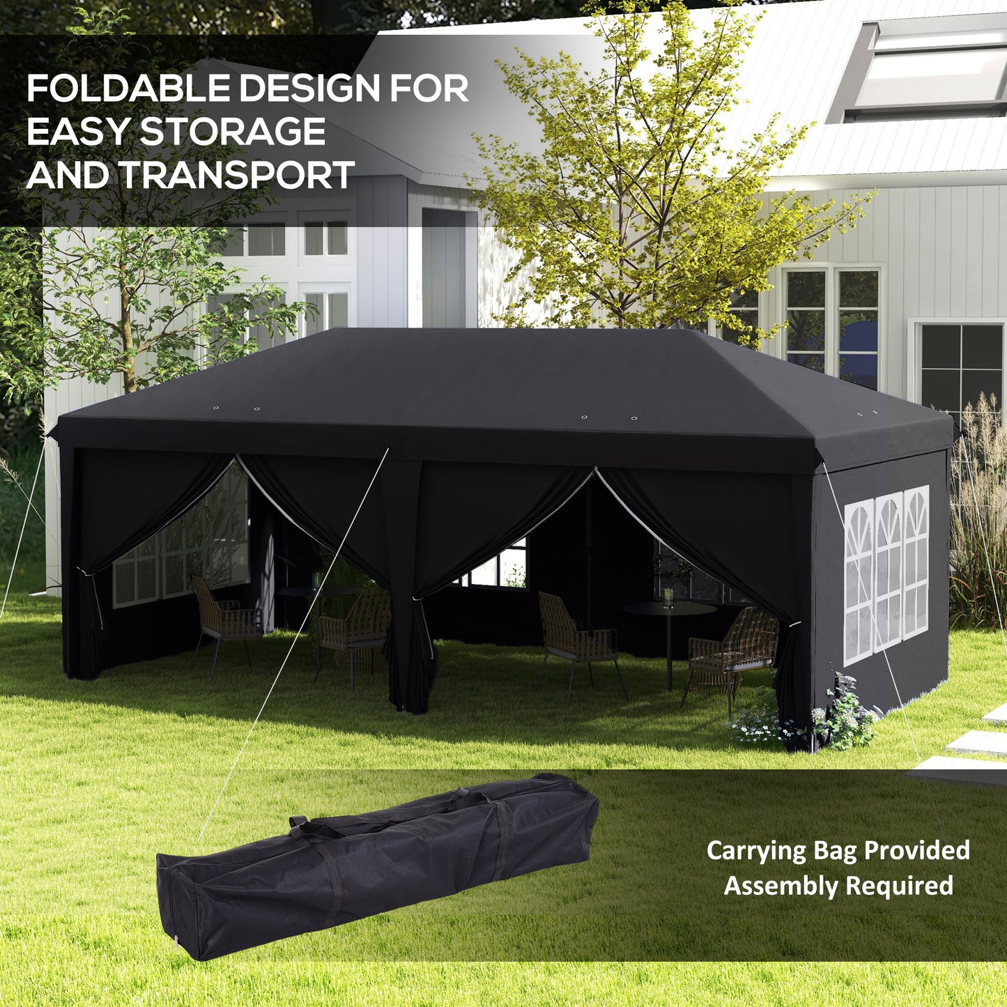 Outsunny 3 x 6 m Pop Up Gazebo with Sides and Windows, Height Adjustable Party Tent with Storage Bag for Garden, Camping, Event, Grey
