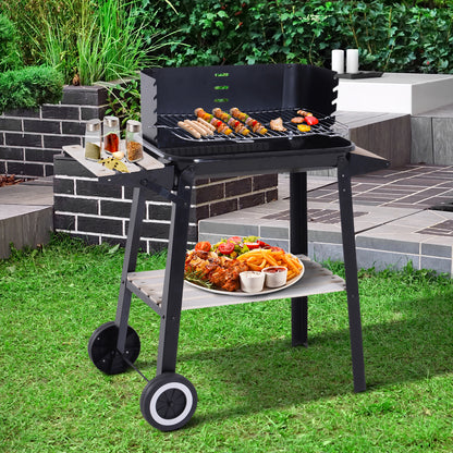Outsunny BBQ Grill Trolley Charcoal BBQ Barbecue Grill Outdoor Patio Garden Heating Smoker with Side Trays Storage Shelf and Wheels