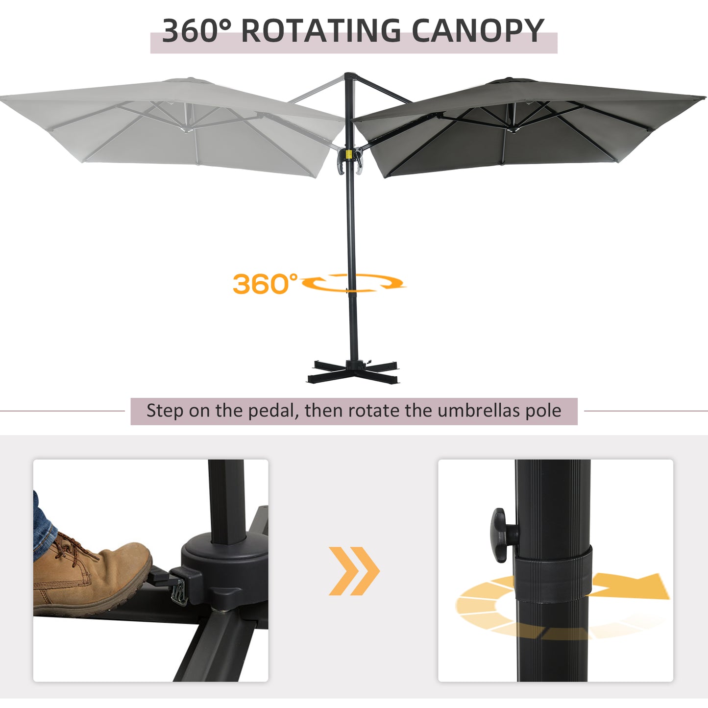 Outsunny 2.5 x 2.5m Patio Offset Parasol Cantilever Umbrella Sun Shade Canopy Shelter 360° Rotation with Crank Handle and Cross Base, Grey