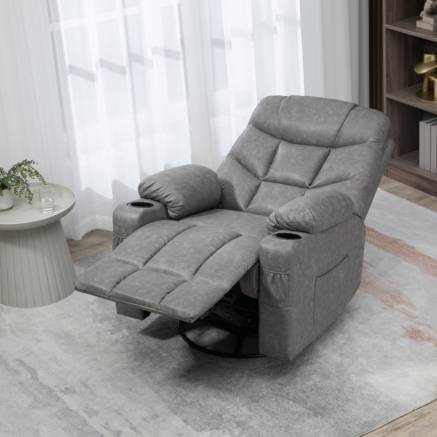 HOMCOM Manual Reclining Chair, Recliner Armchair with Faux Leather, Footrest, Cup Holders, 86x93x102cm, Grey