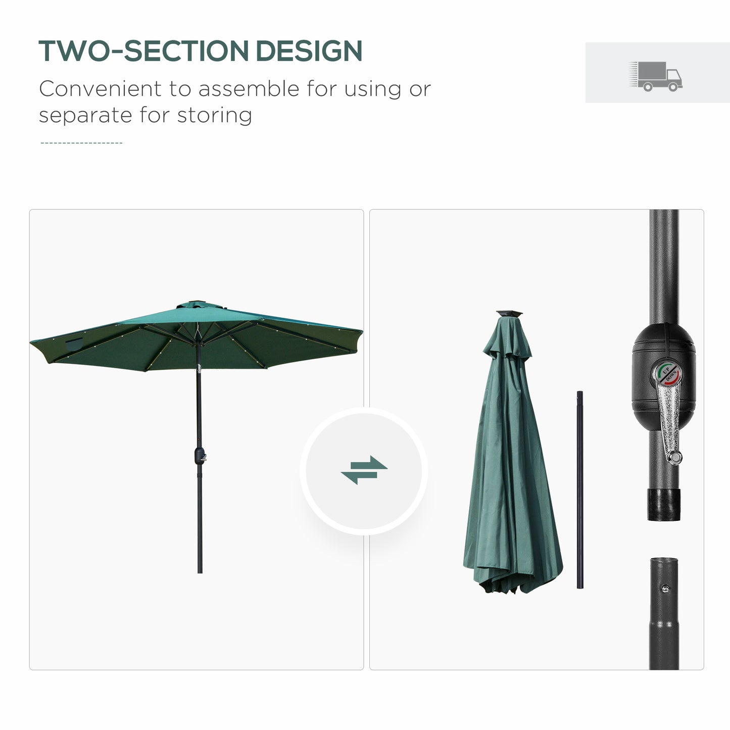 Outsunny LED Patio Parasol: 2.7m Tilting Umbrella with Crank & 8 Ribs, Green