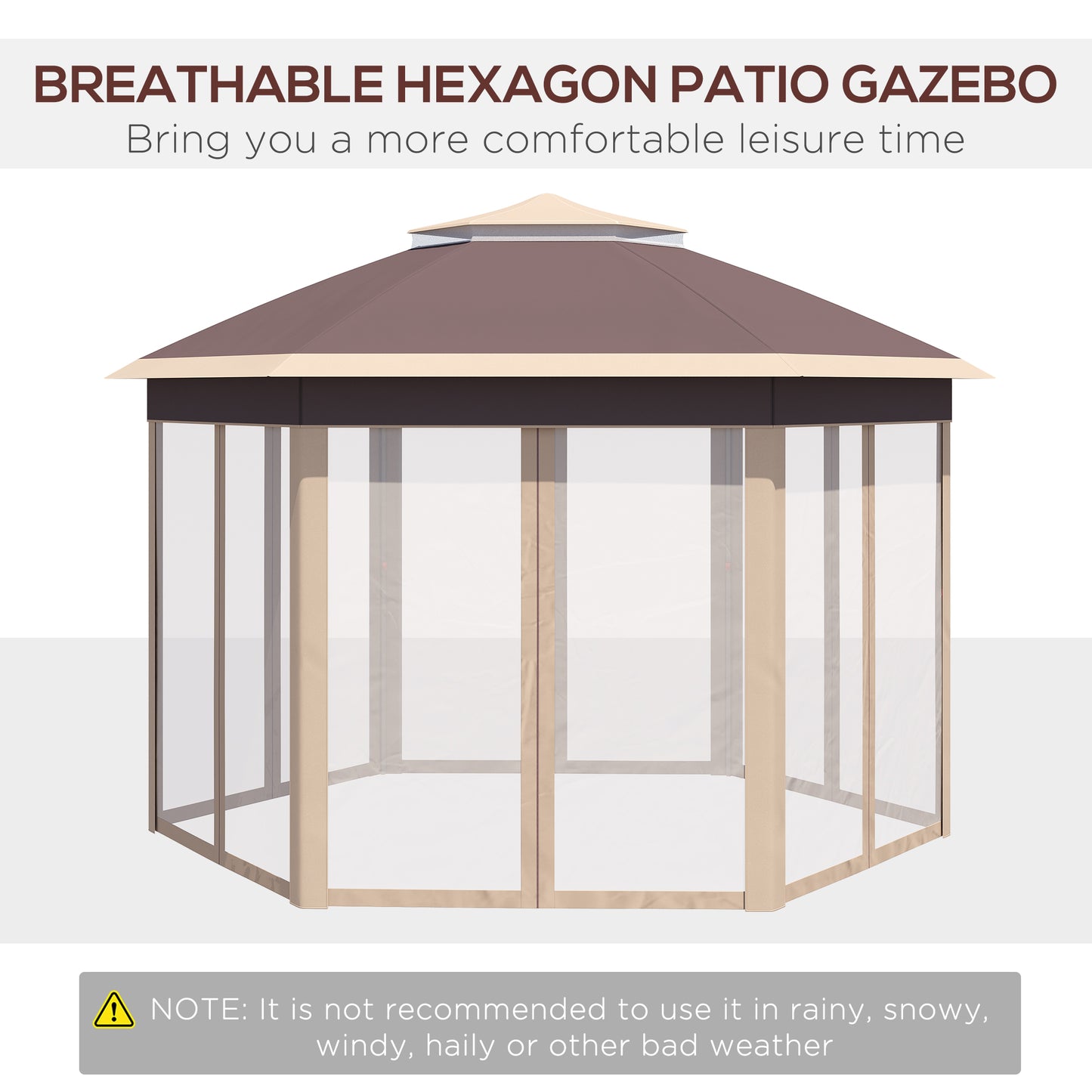 Outsunny Hexagon Pop Up Gazebo Outdoor Patio Gazebo Double Roof Instant Shelter with Netting, 3 x 4m, Khaki