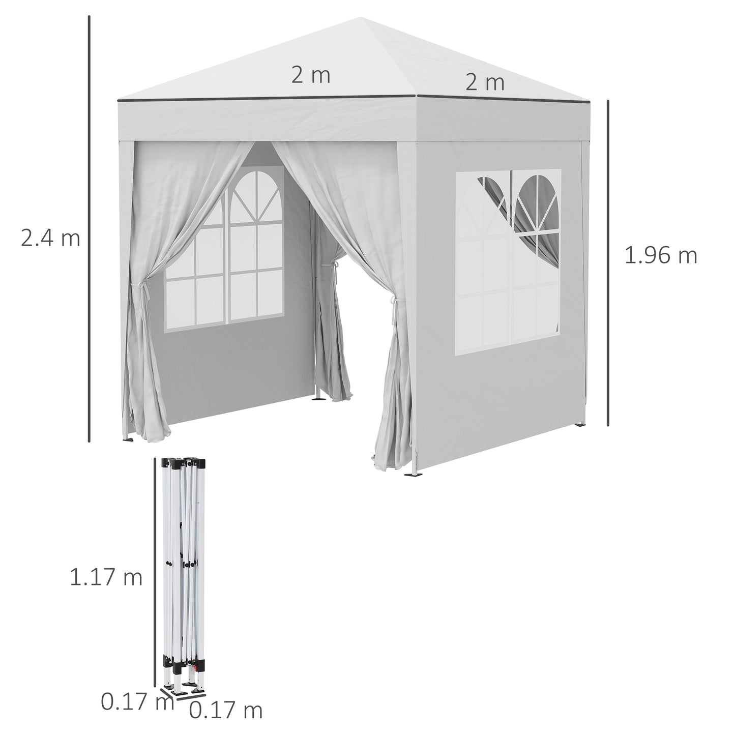 Outsunny 2 x2m Pop Up Gazebo Canopy Party Tent Wedding Awning W/ free Carrying Case White + Removable 2 Walls 2 Windows-White