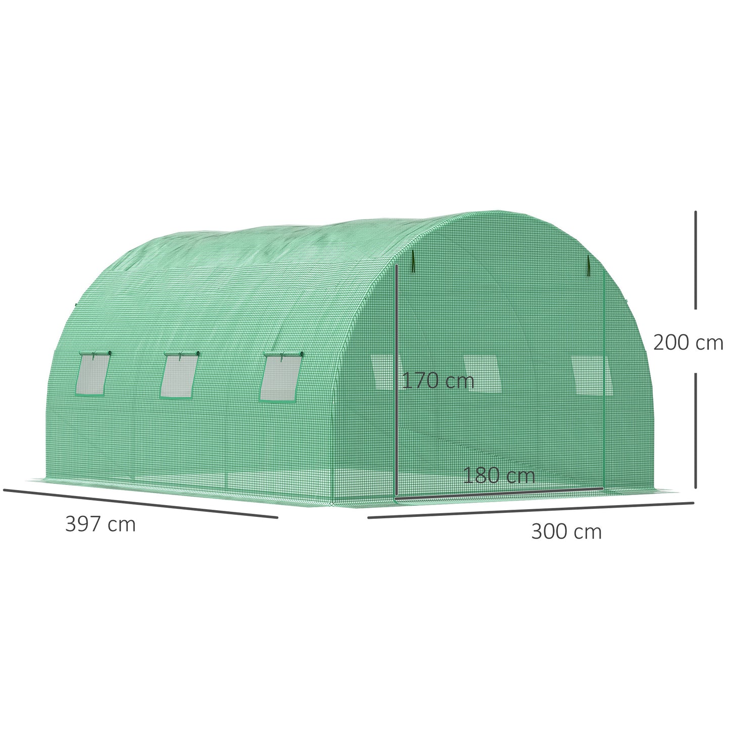 Outsunny Walk-In Polytunnel Greenhouse, Outdoor Garden Greenhouse with PE Cover, Zippered Roll Up Door and 6 Windows, 4 x 3 x 2 m, Green