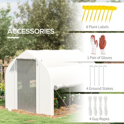 Outsunny 3 x 2m Walk-in Polytunnel Greenhouse, Zipped Roll Up Sidewalls, Mesh Door, Mesh Windows, Tunnel Warm House Tent w/ PE Cover, White