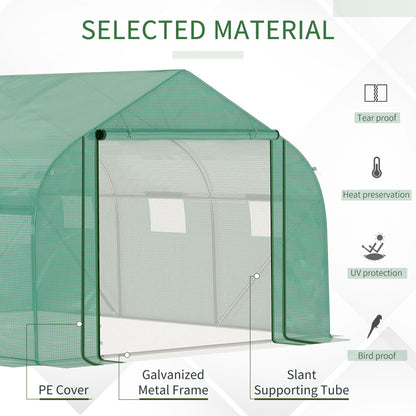 Outsunny Walk-in Polytunnel Garden Greenhouse, Outdoor Greenhouse with PE Cover, Zippered Roll Up Door and 6 Windows, 3.5 x 3 x 2m, Green